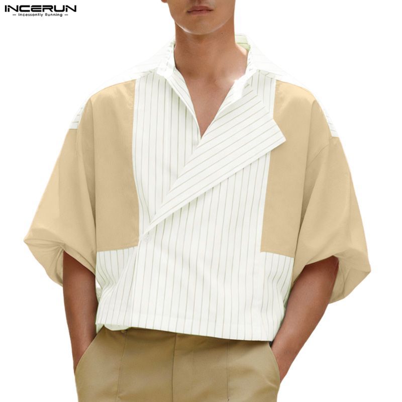 INCERUN เสื้อเชิ้ตแขนสาม_quarter ลายทางและงานปะติ๊ก สไตล์เกาหลี เหมาะสำหรับทั้งการเดินทางและการใช้งานในชีวิตประจำวัน