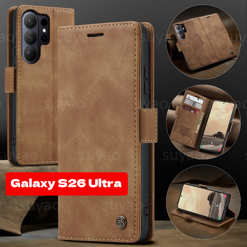SAMSUNG สําหรับSamsung S26 Ultra Plus 2026 เคสโทรศัพท์Retroผู้ถือหนังFlipปลอกSamsungS26Ultra S25 FE S24 S23 ขาตั้งหรูหราแม่เหล็กการ์ดเต็มฝาครอบป้องกันกันกระแทก