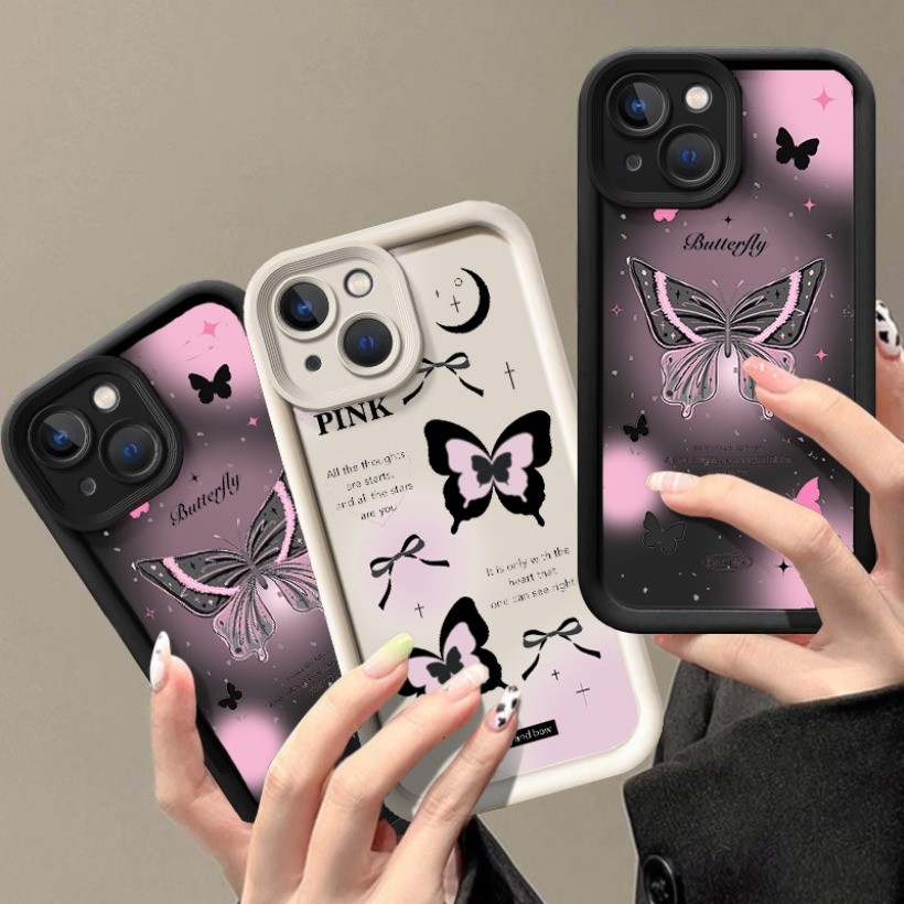 ใช้งานร่วมกับRealme 8 14T 14X 14 Proหมายเหตุ60 60X C75 C75X C73 เคสโทรศัพท์สีดําสีชมพูผีเสื้อรูปแบบซ