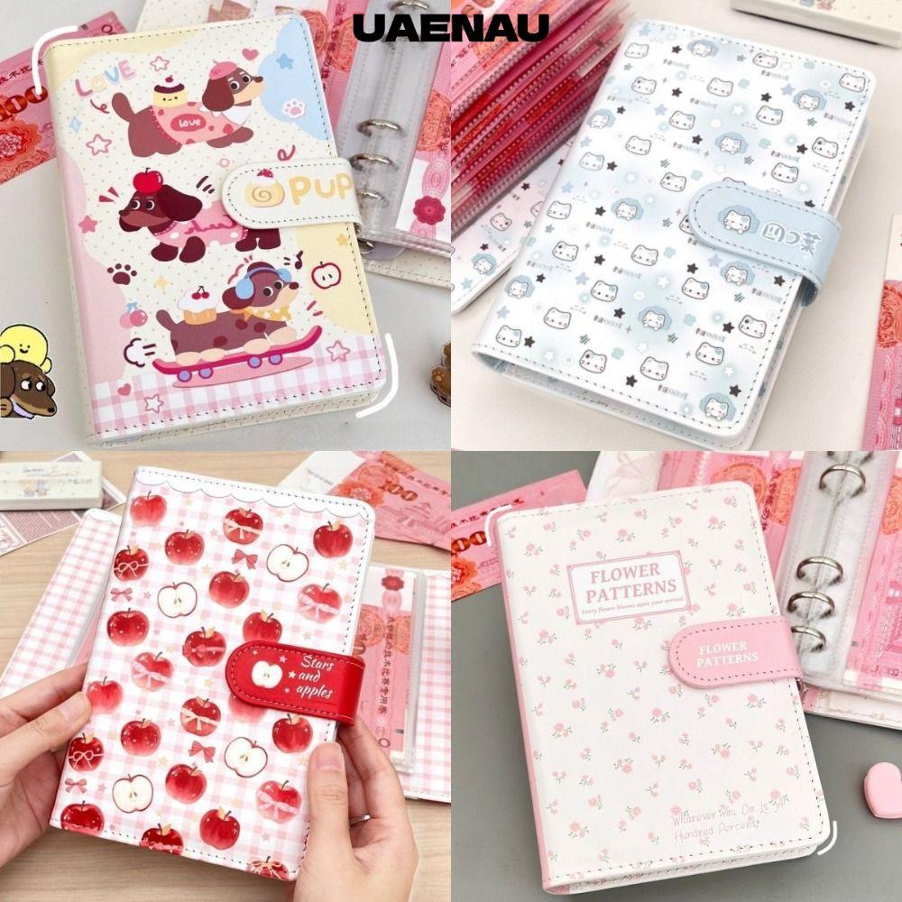 UAENAU Budget Binder, หน้าด้านในดอกไม้แมวสุนัขเงิน Binder, หนัง PU A6 ขนาด Budgets Planner การเงินส่วนบุคคล