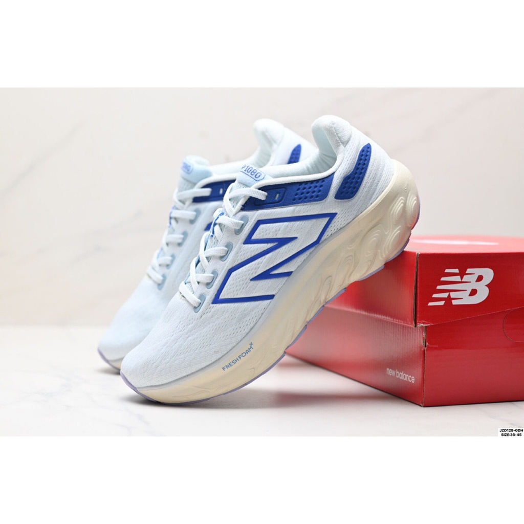 ขายร้อน New Balan­Ce NB 1080 V13 Marathon mesh ผ้ารองเท้าวิ่งระบายอากาศสีขาวสีฟ้า M1080L13