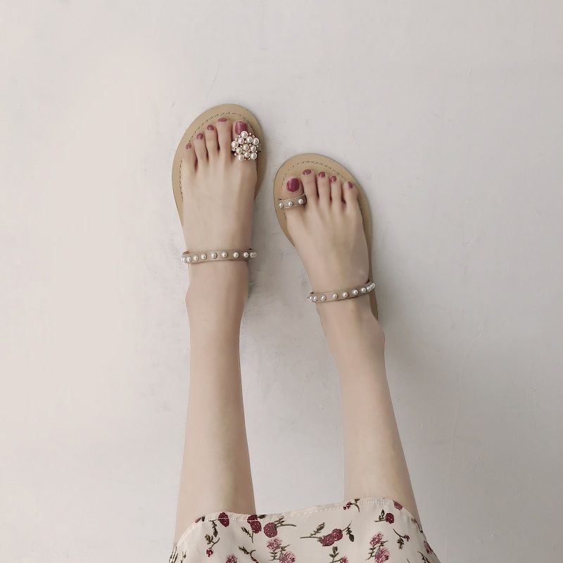 2023夏小仙女韩版串珠珍珠平底夹脚凉鞋蝴蝶结罗马平跟夹趾凉鞋女2023 Summer Fairy Korean Edition Beaded Pear A3YnfhI9dj0319