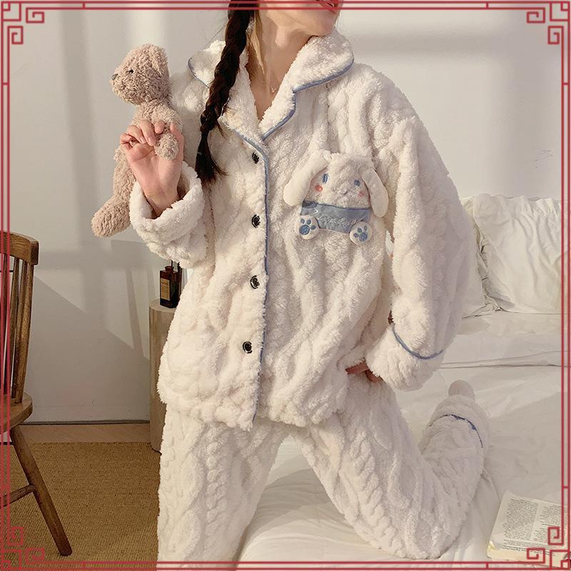 Fds แอปริคอท ใหม่ ปะการัง กํามะหยี่ ชุดนอน ผู้หญิง ฤดูใบไม้ร่วงและฤดูหนาว หนา ขนแกะ แขนยาว กางเกงขาย