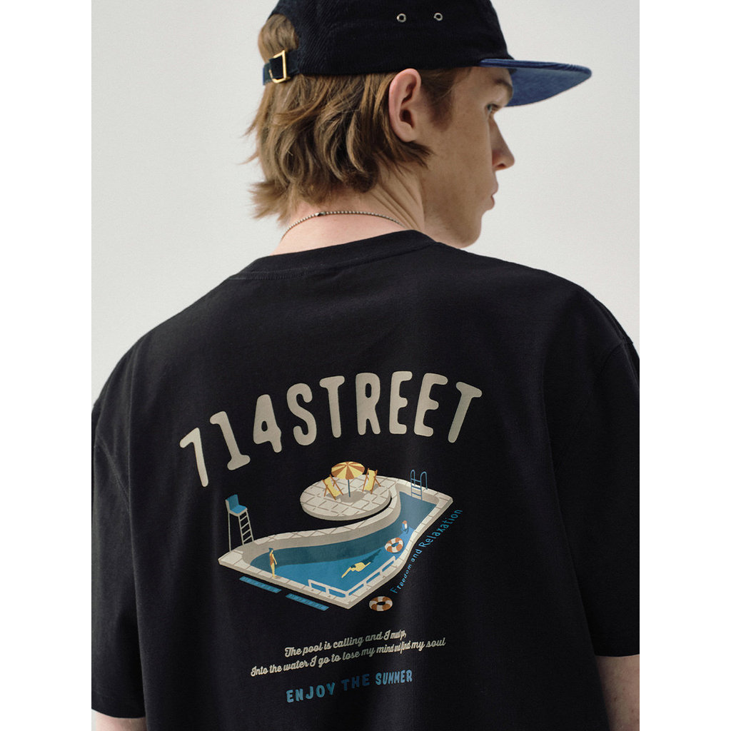 714street Heavyweight Pool พิมพ์เสื้อยืดแขนสั้นผ้าฝ้ายแท้สําหรับผู้ชายเสื้อยืดคู่หลวมใหม่