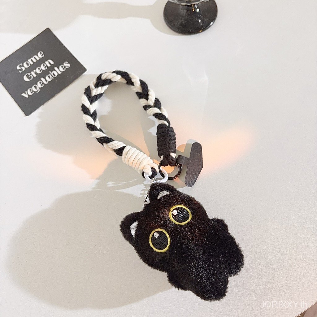 High-value Plush Big Eye Full Body Black Cat จี้โทรศัพท์มือถือ Lanyard All-match จี้กระเป๋าเป้สะพายหลังตุ๊กตาการ์ตูนพวงกุญแจ
