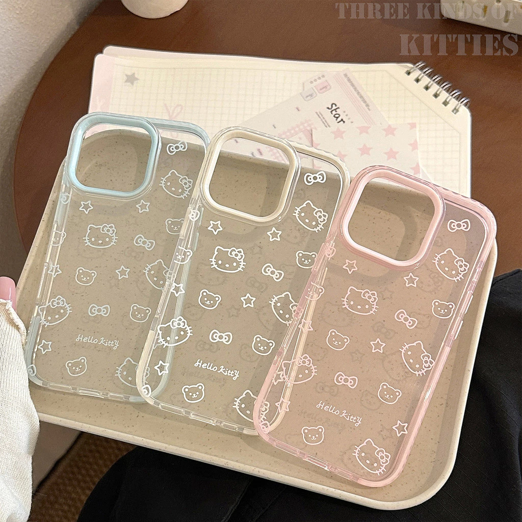 การ์ตูนคิตตี้แมวหมีเคสโทรศัพท์ใสสําหรับ ไอโฟน iPhone 17 16 15 14 13 12 11 Pro Max มือโปร สูงสุด กันฝุ่นกันกระแทกฮาร์ดปกหลัง