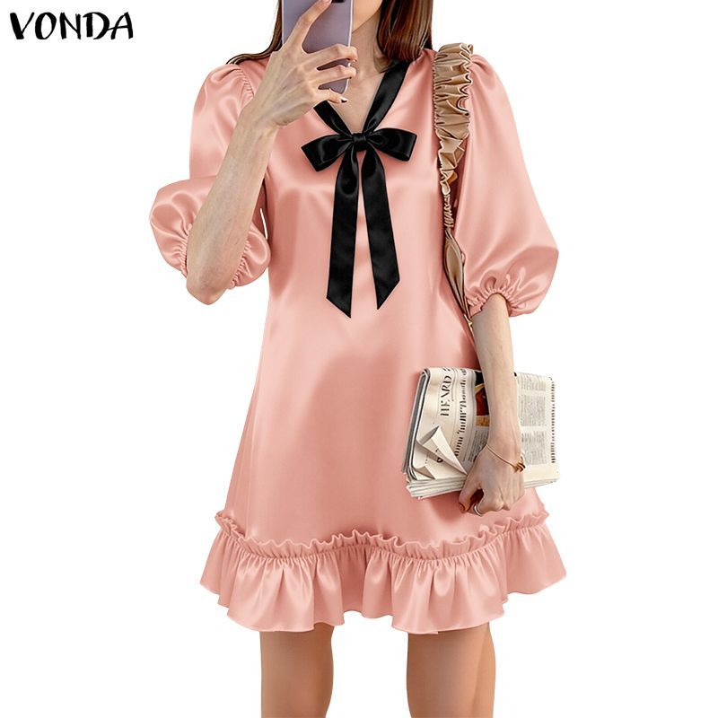 VONDA ชุดซาตินสไตล์เกาหลี แขนพัฟ มีโบว์และระบายที่ขอบเสื้อและกระโปรง