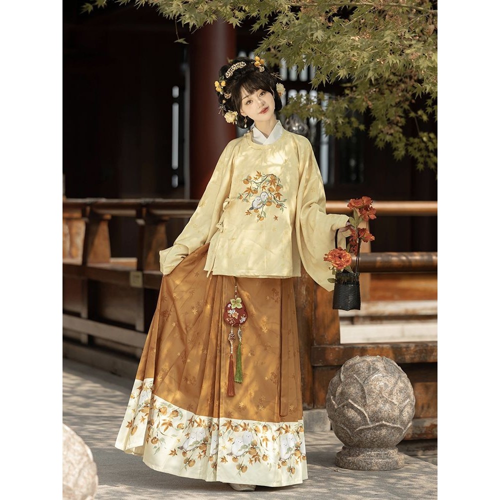 Ans Home Persimmon Ruyi Hanfu สำหรับผู้หญิง มีรอบคอยาว และแขนกระโปรงหน้าม้า