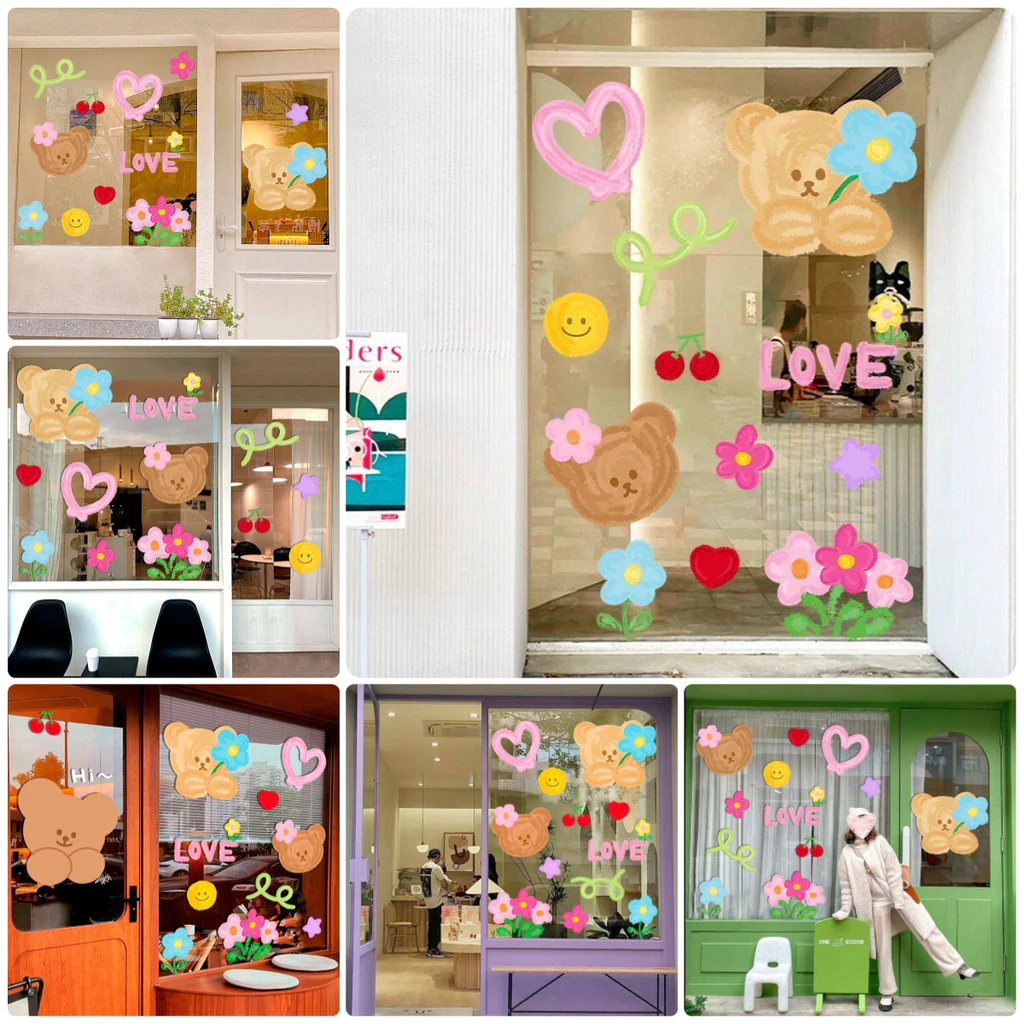 พร้อมส่ง สติ๊กเกอร์สูญญากาศ รูปแบบหมีน้อย ร้านชานม ตกแต่งร้านอาหาร ตกแต่งหน้าต่าง สติกเกอร์แก้ว แบบไม่มีกาว