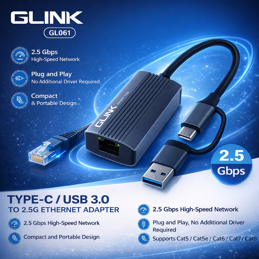GLINK USB-C to LAN 2.5Gbps พร้อม USB 3.0 เน็ตแรง เสถียร รุ่น GL-061