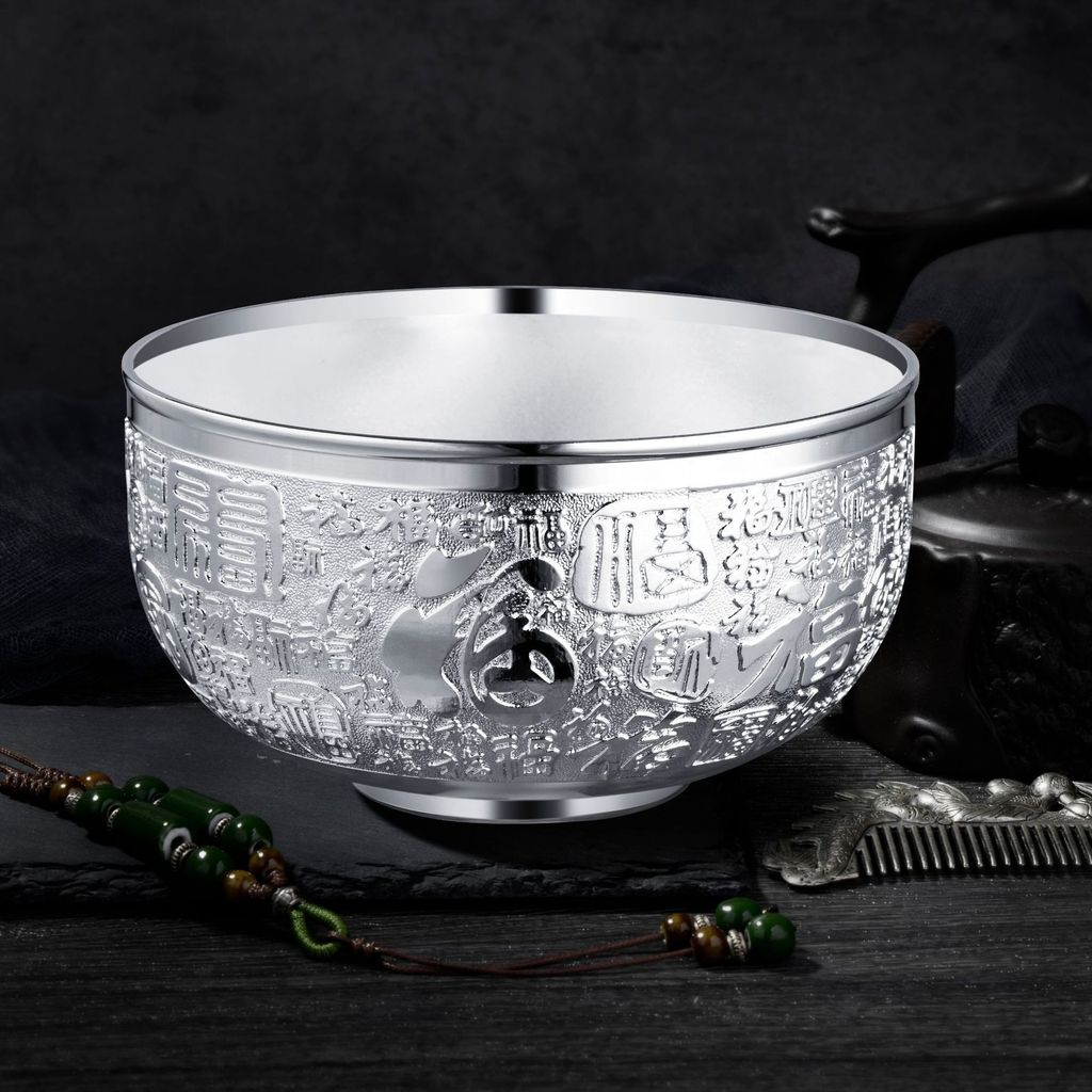 Baifu ชามสีทองชุดสามชิ้น Wufu Linmen ราศีมีนบนโต๊ะอาหารช้อนเงินถ้วย Ingot Trade Fair ระบายน้ําโรงงาน