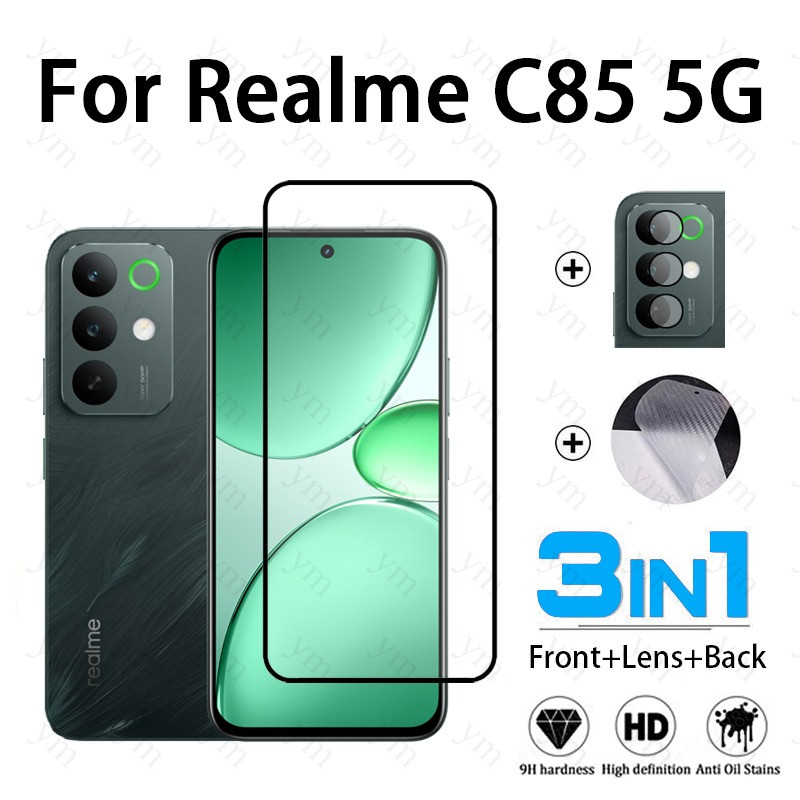 3 In 1 Realme C85 กระจกนิรภัยป้องกันหน้าจอฟิล์มคาร์บอนไฟเบอร์สําหรับ Realme C75 C75x C71 15T 14T หมายเหตุ 70 60x 50 กล้องเลนส์ป้องกัน
