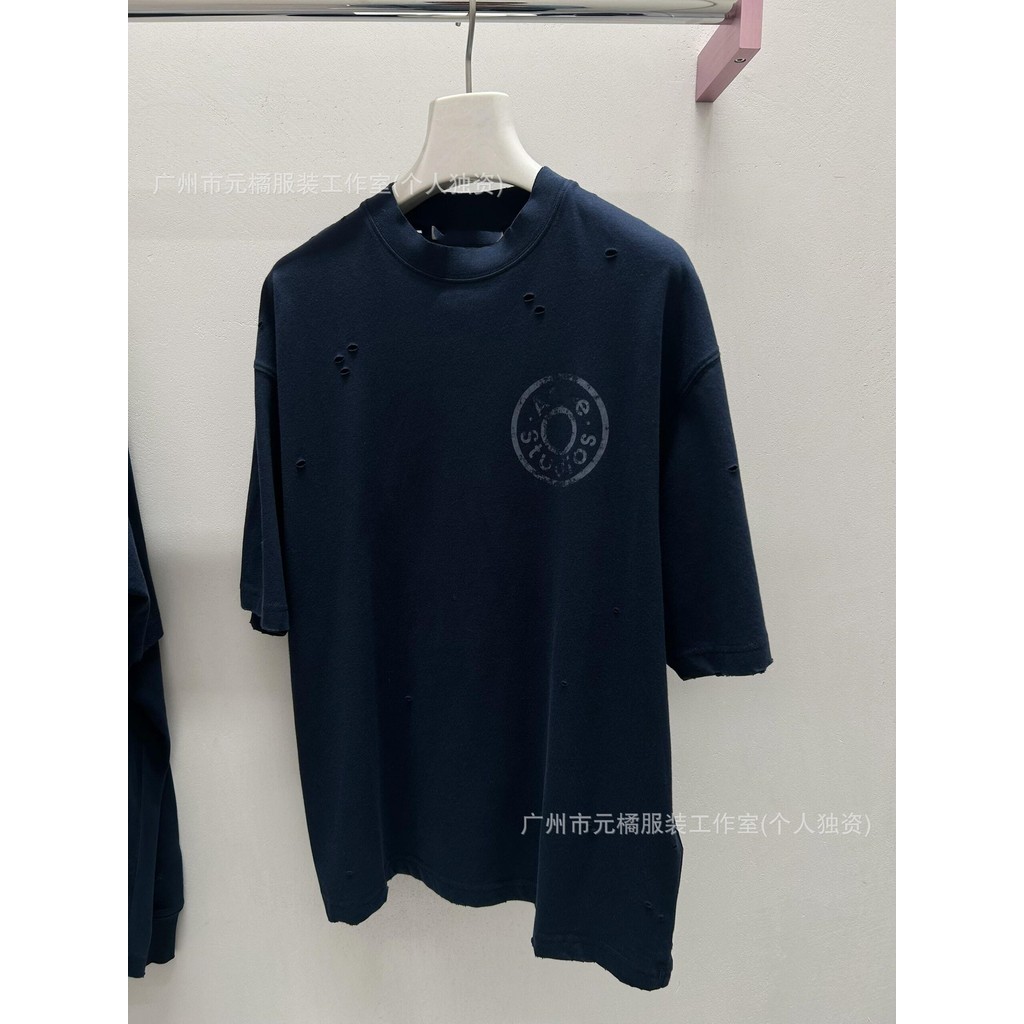 AEWV Acn***ios 26ss  Distressed Logo Ripped Crew Neck Short Sleeve T Unisex loose-fit shirt