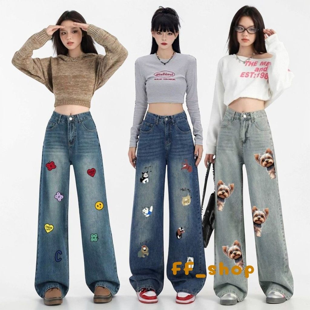 🛒FF.shop🛒กางเกงยีนส์ ทรงกระบอก พิมพ์ลายการ์ตูน เอวสูง ผ้าไม่ยืดสีเฟค ทรงสวยใส่สบาย #8116-JS