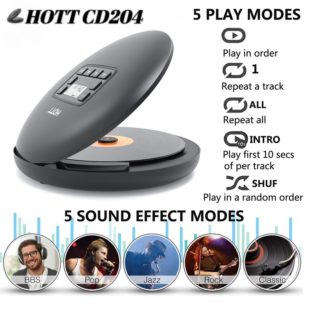 HOTT CD204 ชาร์จเครื่องเล่นซีดีแบบพกพาเพลงขนาดเล็ก CD Walkman Discman พร้อมจอแสดงผล LCD สําหรับผู้ให