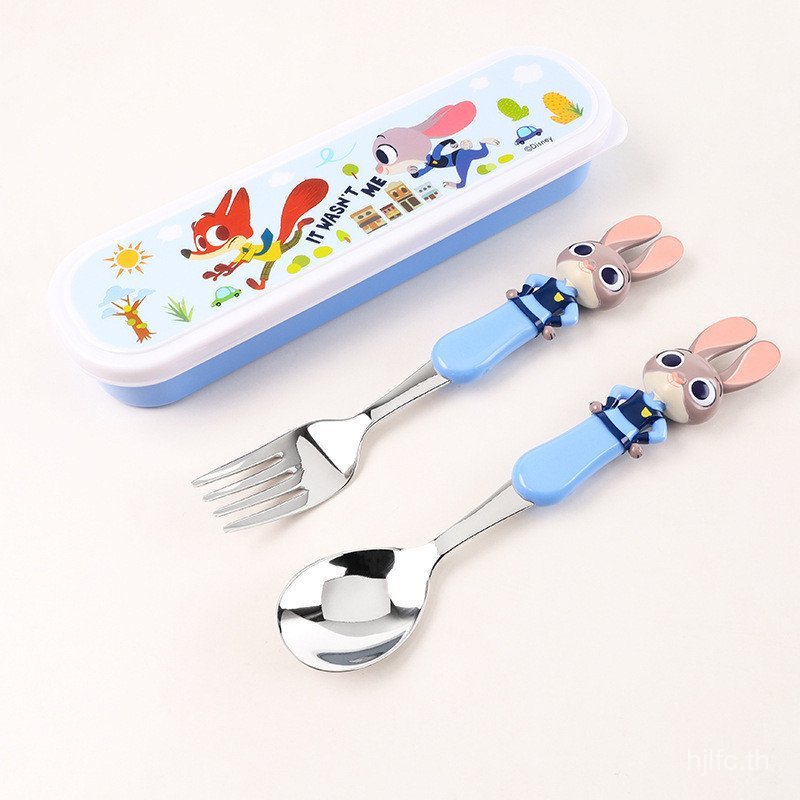 เด็กนักเรียน 3D ช้อนส้อมชุดบนโต๊ะอาหาร Judy Bear Hug Brother 304 วัสดุสแตนเลสสามตา Boy แบบพกพาช้อนส้