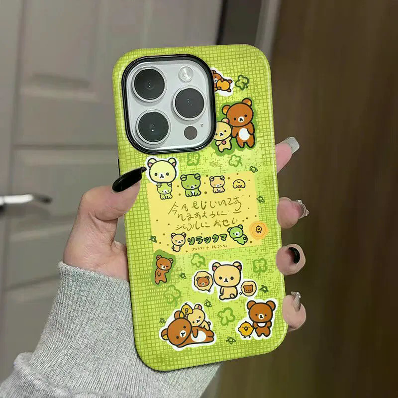 2-in-1 Clover Easy Bear Apple 17/16 เคสโทรศัพท์ iPhone 15 Pro Max ฟิล์มใหม่ 14/13 Creative 12/11 Pro Max 7/8 Plus เคสโทรศัพท์เคลือบเงาสองชั้น