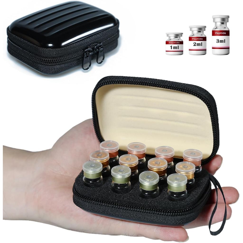 Mini Peptide Vial Case สําหรับตู้เย็นเก็บ-12Slot Organizer ถือ 1-3ml Vials สําหรับอินซูลิน, GLP-1, เปปไทด์, กระเป๋าเดินทางเปลือกแข็งพร้อมสายคล้องมือ,สีดํา