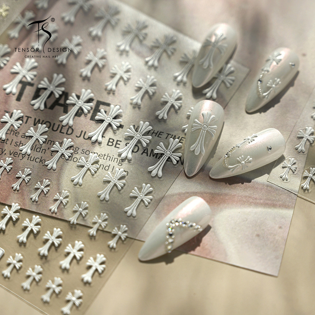[Meow.Sensei] Iron ins Cross ขายดี TS-4294 Black Cross Embossed Crow Heart Frosted Nails Sticker