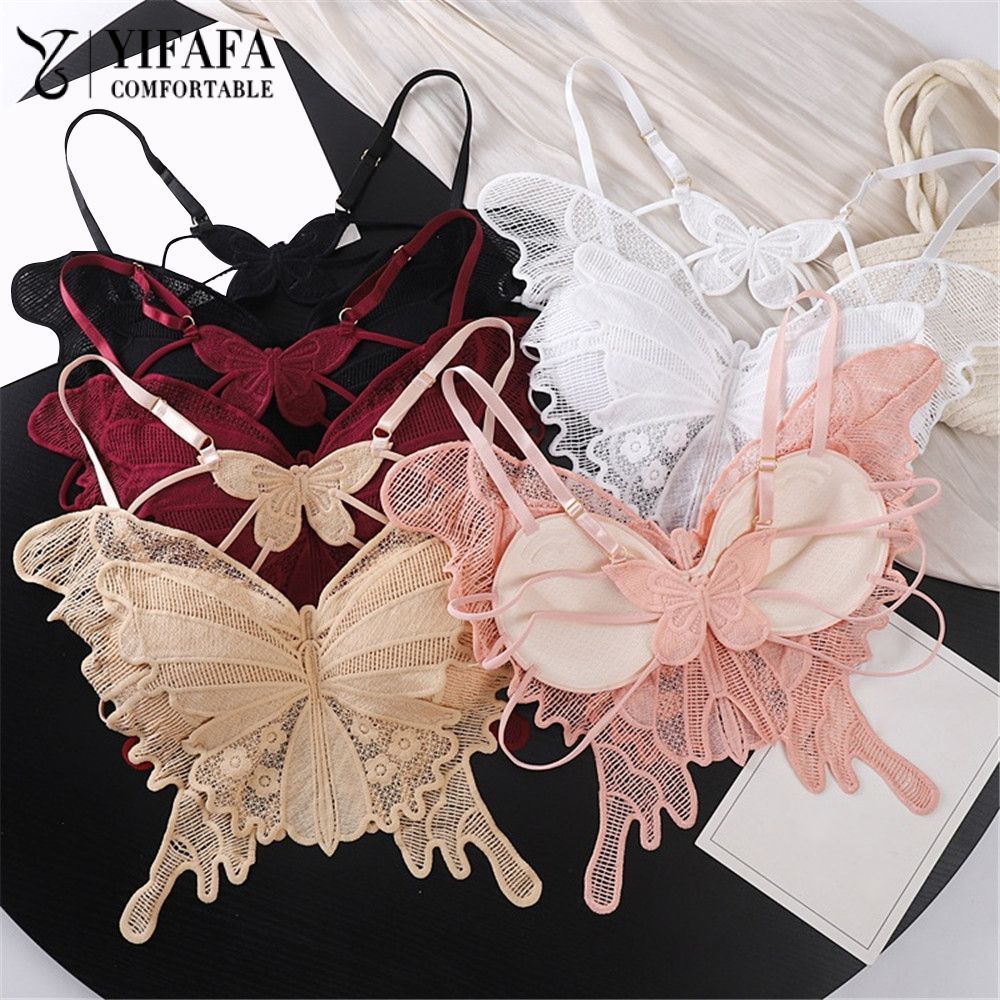 YIFAFA เสื้อกล้ามลูกไม้ฝรั่งเศสสุดเซ็กซี่ทรงผีเสื้อ โปร่ง มีแผ่นเสริมหน้าอก ดีไซน์ไขว้หลัง สำหรับผู้หญิง
