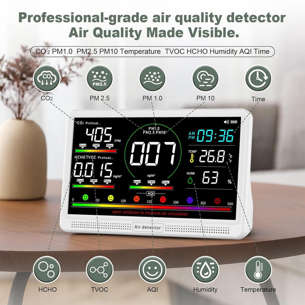 16-in-1 Air Quality Monitor Indoor, 7" Display 9 AQI Metrics & 7 AQI Alarms, Monitors CO2, PM2.5, PM