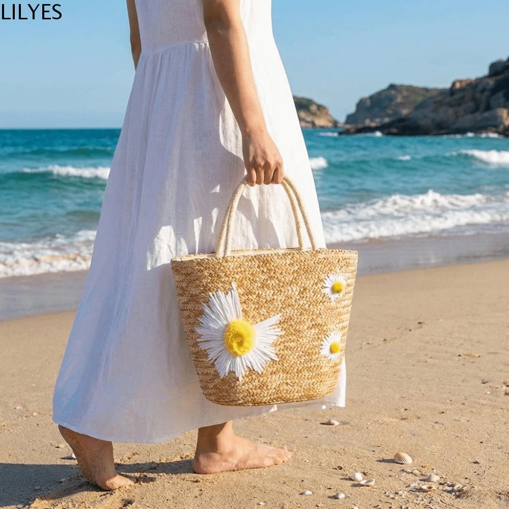 LILYES กระเป๋า tote ทำมือจากเส้นฟาง, ออกแบบอย่างสวยงาม สีทึบขนาดใหญ่มีความจุมาก กระเป๋าสำหรับทะเลในฤดูร้อน