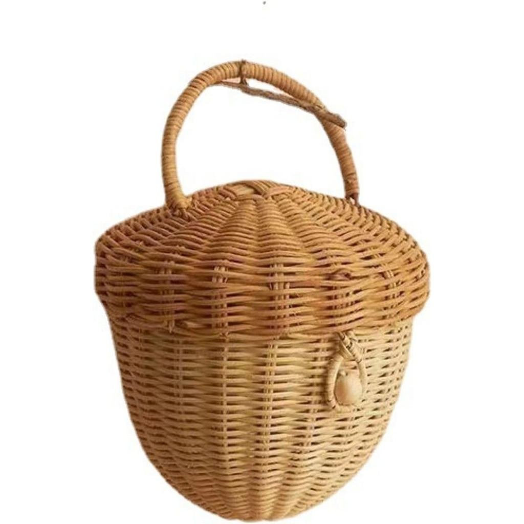 Acorn ตะกร้าพร้อมฝาปิดตะกร้าเก็บกระเป๋ามือหวาย Acorn ตะกร้าเก็บน่ารัก Handcrafted ของขวัญตกแต่งงานศิ