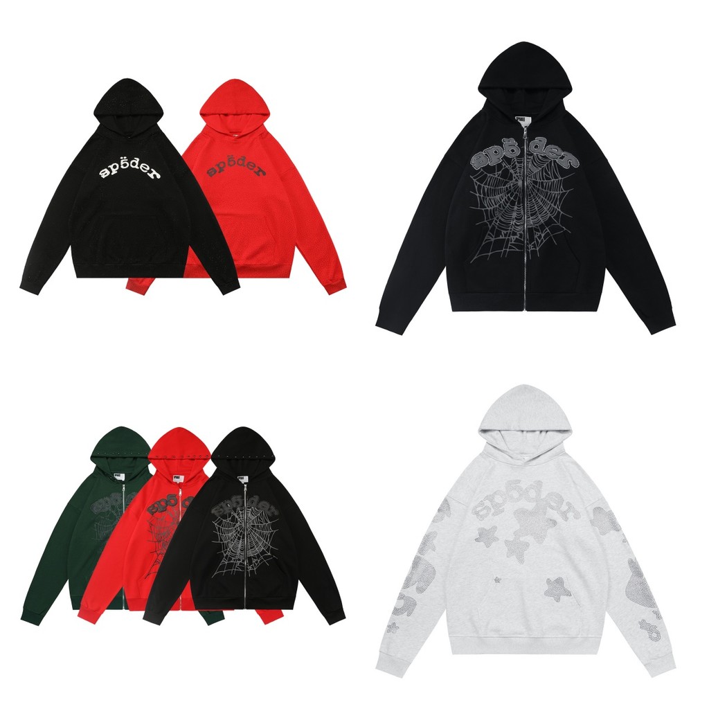 เสื้อฮู้ดดี้ Sp5der ลายแมงมุมและเพชรปั๊ม สไตล์ STREET ทรงหลวม กันหนาวได้ดี