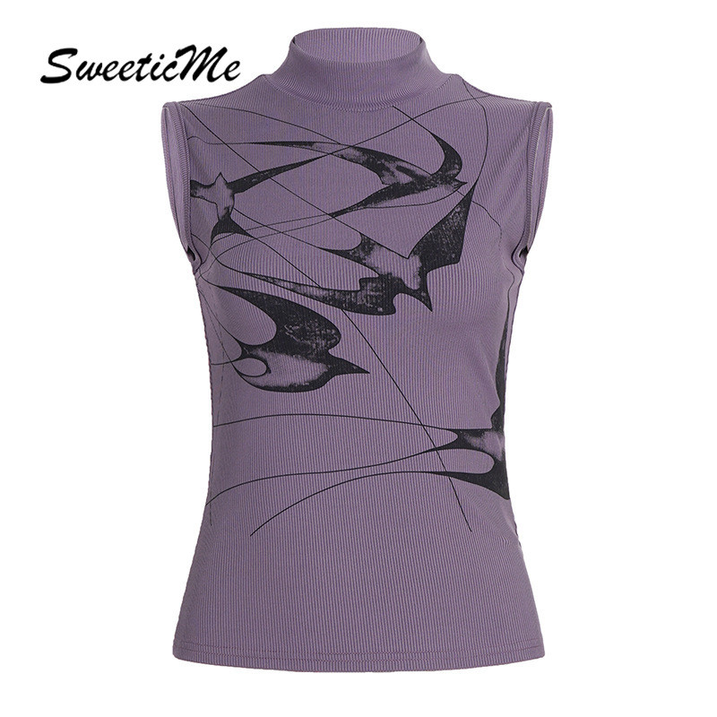 SweeticMe เสื้อสตรี สไตล์คลาสสิกสมัยใหม่ คอเต่าหรูหรา พิมพ์ลายเหมือนชั้นใน สีม่วง