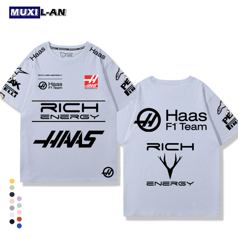 ผู้ชายผู้หญิงสไตล์เดียวกันรอบคอผ้าฝ้ายแท้สไตล์ใหม่ F1 ชุดแข่ง HASS F1 HAAS Fleet เสื้อยืดชุดรถจักรยา