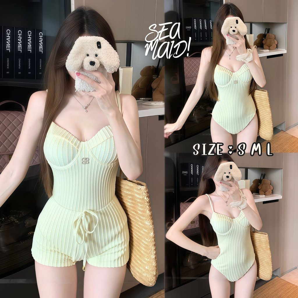 SEA MAID ชุดว่ายน้ำวันพีซ ลายริ้ว ผู้หญิง มีขาสั้นในตัว น่ารัก เกาหลี  ⭐ มีไซส์ S-L | น้ำหนัก 38-58 กก. ส่งทั่วไทย Y289