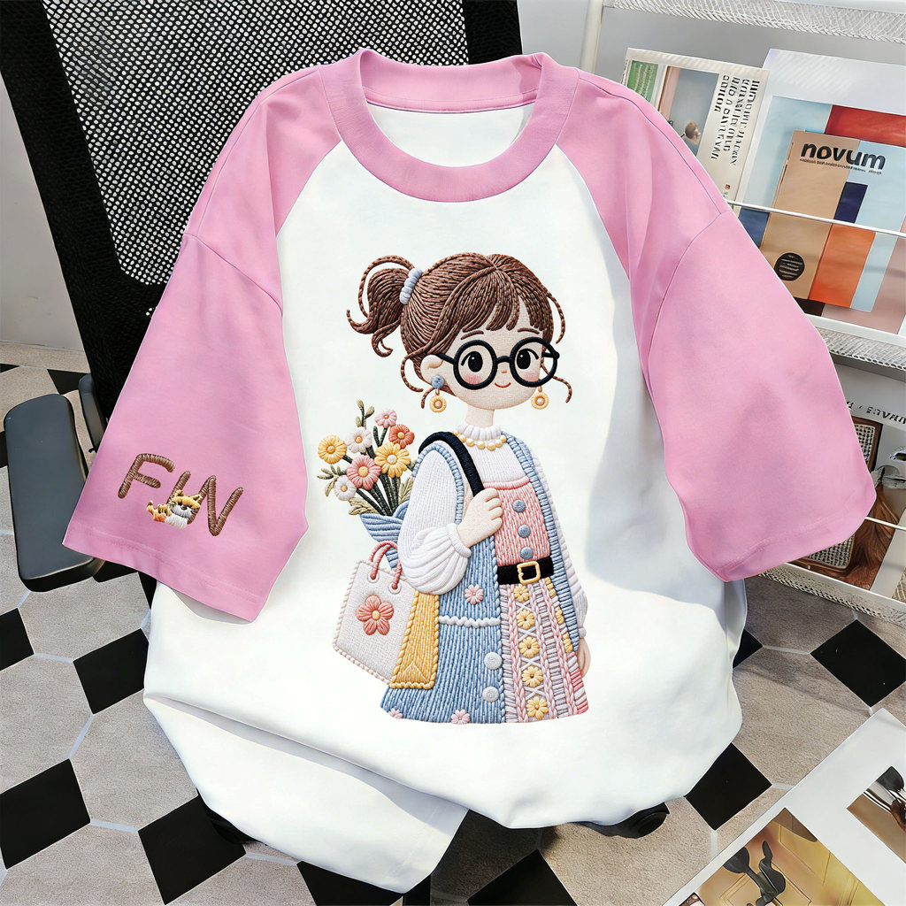 TEE·SHOP🍀เสื้อทูโทน เสื้อยืด Oversize ลาย 'FIN girl' เกาหลี เท่ห์มาก ผ้าคอตตอน ผ้านุ่มสบายตัวทั้งวัน COD 📦