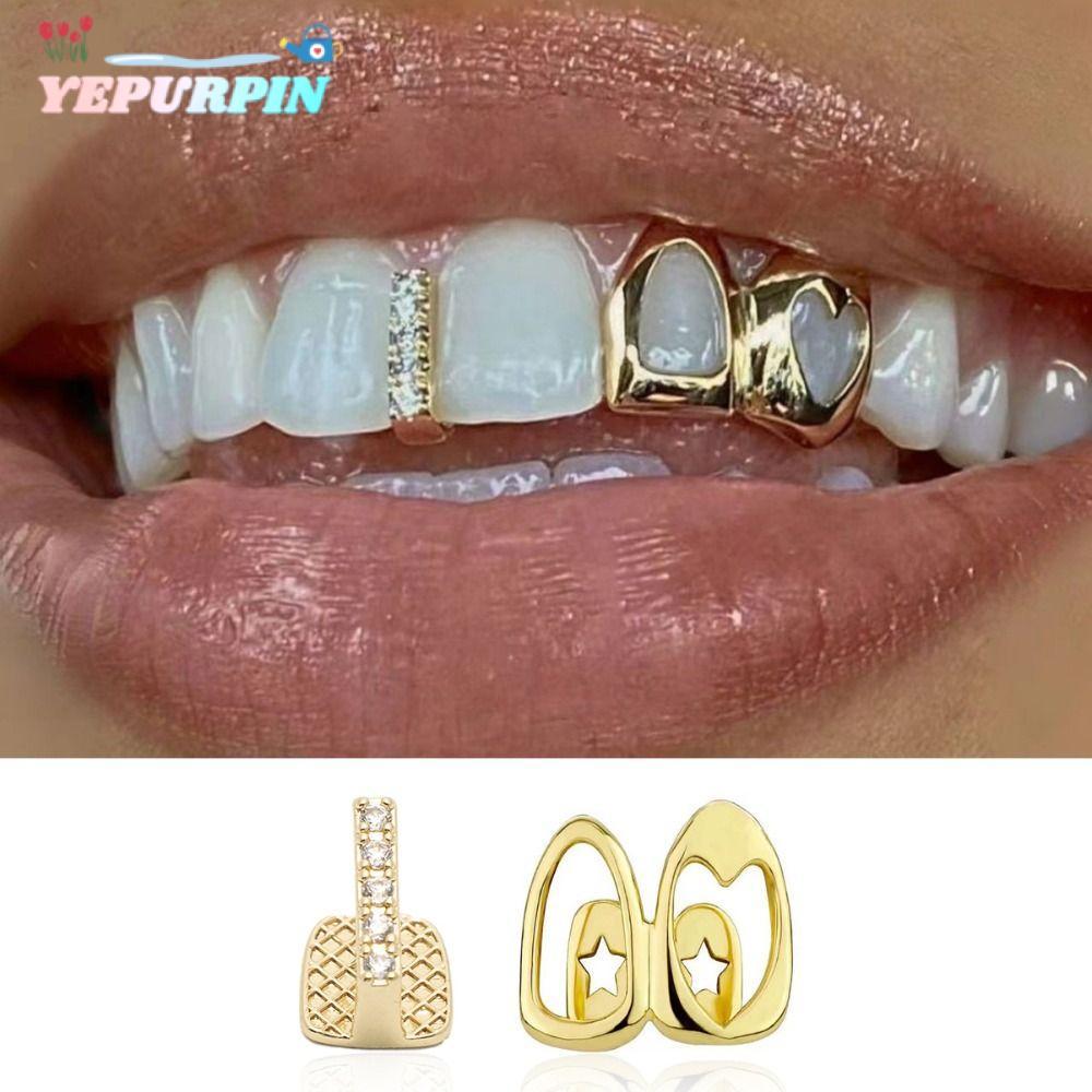 NOWNICE Hip Hop ฟัน Grillz, ทองแดงทองสี Grillz, Hollow Heart Double Heart Shiny ฟันหมวกฟันเครื่องประ