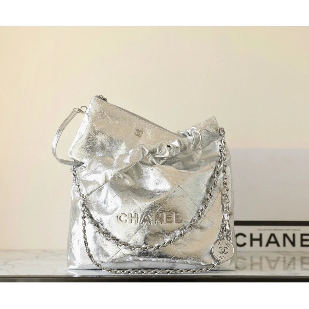 CHANEL CHANEL ล่าสุด C Original Leather mini22bag ถุงขยะโลหะโลหะเงิน 22bag Mini ถุงขยะสุภาพสตรีกระเป