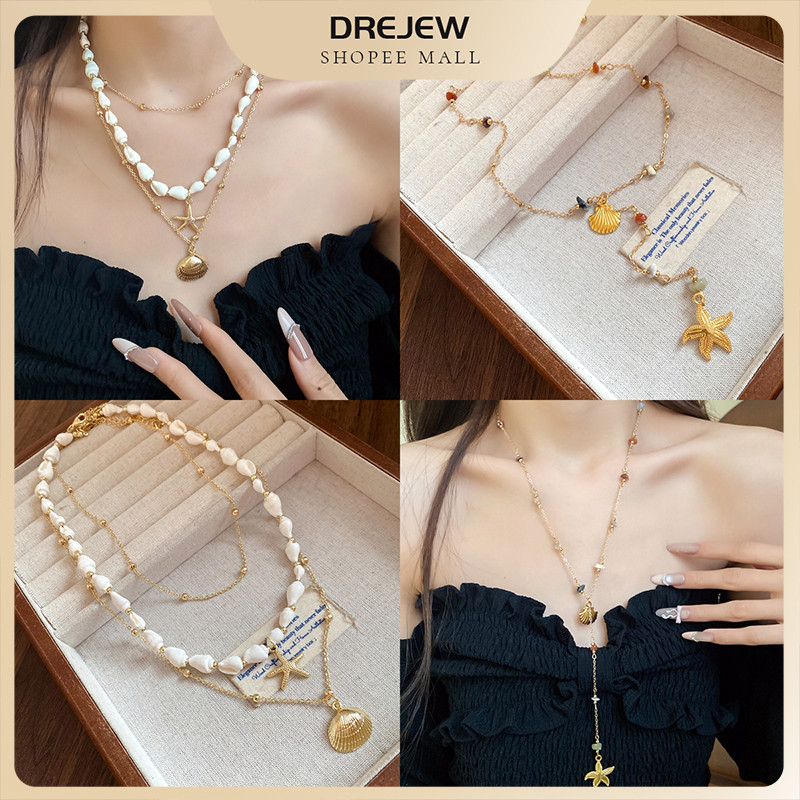 เดรช สร้อยคอมุกชั้นสไตล์มหาสมุทรของผู้หญิง-ทองโทนปลาดาวและจี้เปลือกหอยเค้นคอ,เหมาะสําหรับวันหยุดชายหาดและฤดูร้อนสวมใส่ทุกวัน