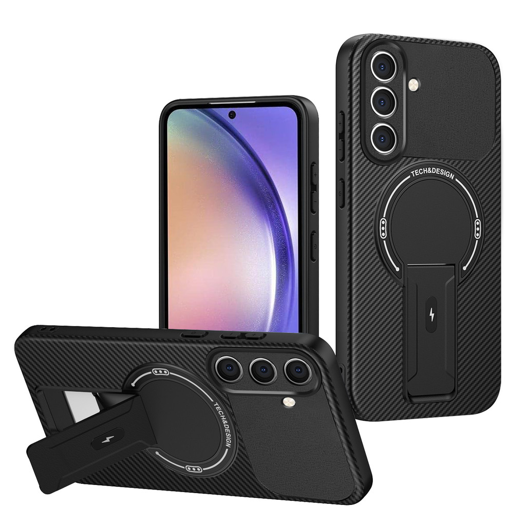 SAMSUNG สําหรับSamsung Galaxy A35 / A55 / A36 / A56 5Gกรณีคาร์บอนTakecture Hardกลับขอบนุ่มขาตั้งแบบพับได้กันกระแทกAnti-drop Slimฝาครอบบาง