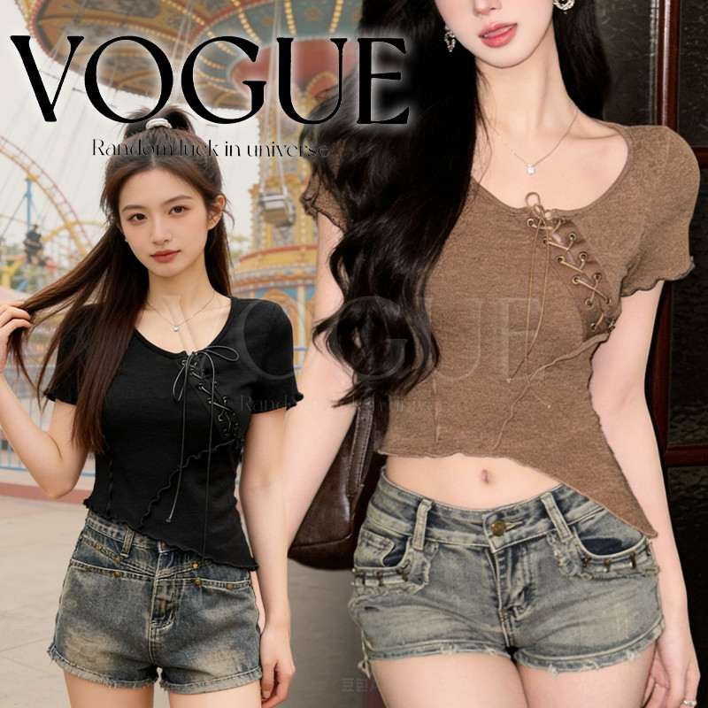 Vogue🌟พร้อมส่ง🌟 เสื้อยืดแขนสั้น ผูกเชือกสไตล์เกาหลี สำรับผู้หญิง ฤดูร้อน ไม่มีฟองน้ำ (FY1082)