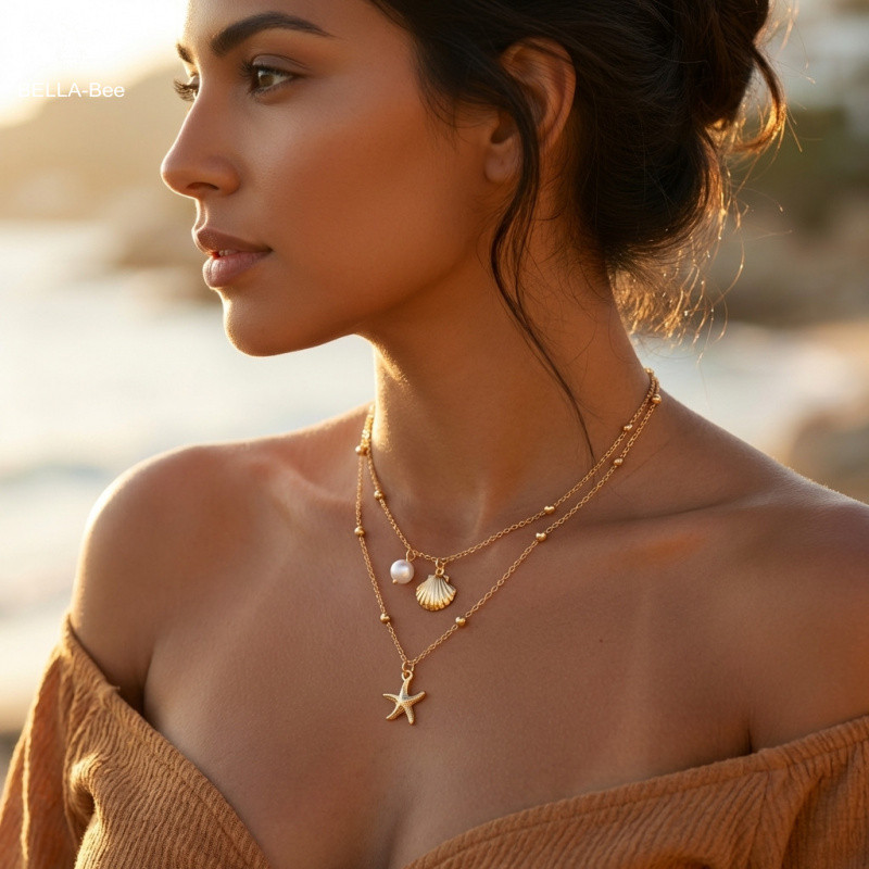BELLA-Bee Luxury Gold ปลาดาว Shell Layered สร้อยคอ Dainty Pearl Beaded Double Chain Choker Elegant ทุกวันสวมใส่เครื่องประดับสําหรับผู้หญิง