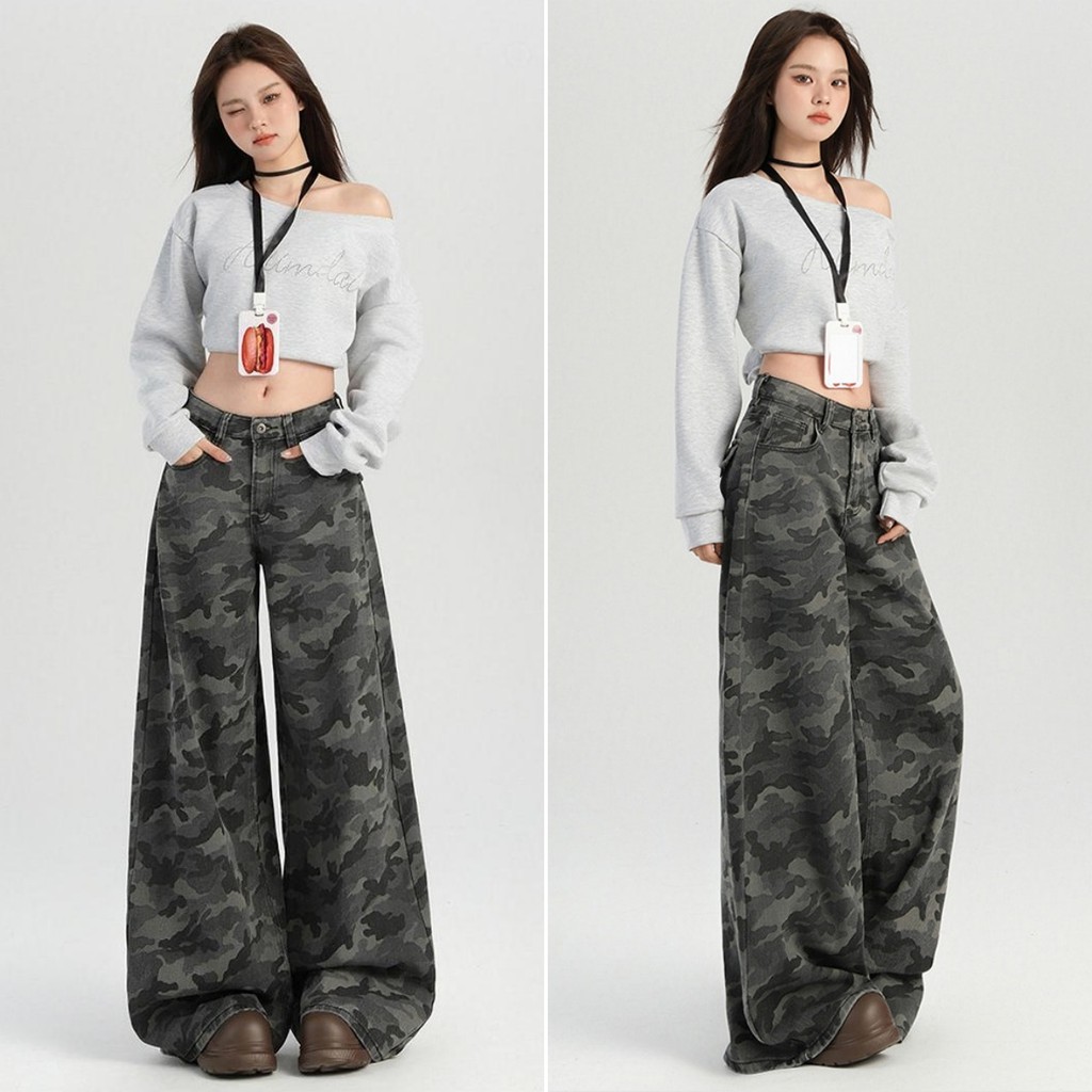Hotgirl พร้อมส่ง S-XL กางเกงยีนส์ลำลองเอวสูงลายพรางสำหรับผู้หญิง ทรงตรงพอดี ใส่ได้ทุกหุ่น