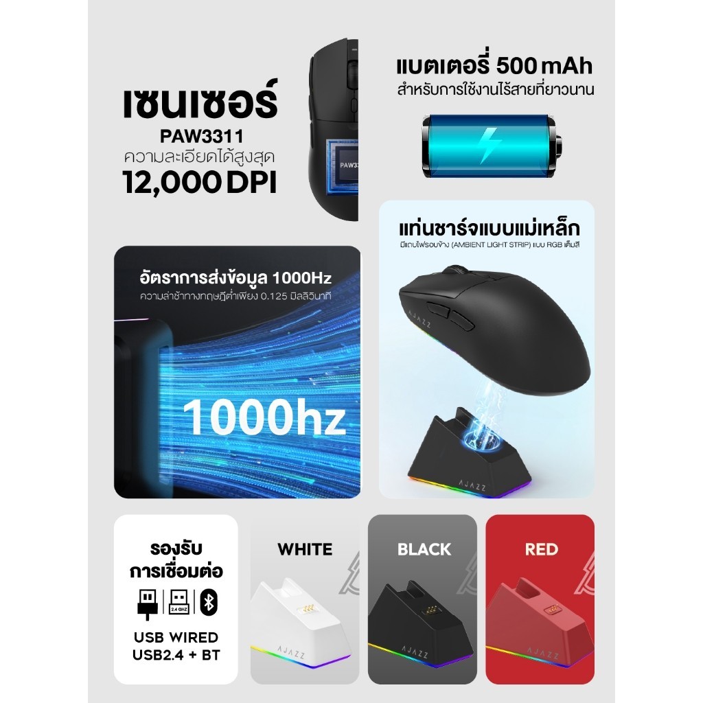 เมาส์เกมมิ่งพร้อมแท่นชาร์จ Ajazz AJ139 V2 MC Tri-Mod  Wired+2.4G+BT