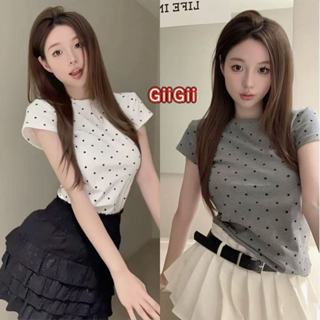 พร้อมส่งในไทย เสื้อยืดแขนสั้นคอกลมสั้นลายจุดย้อนยุคแฟชั่นสตร…