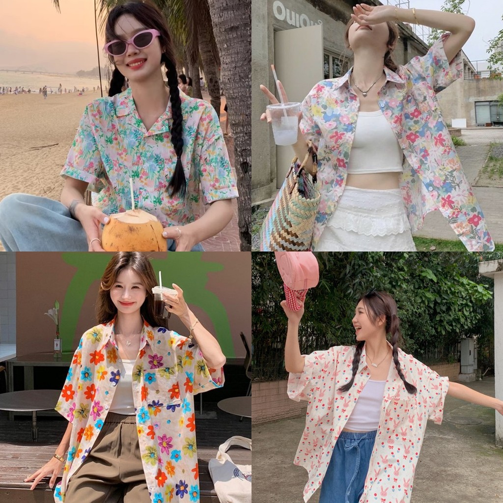 Berylstore  เสื้อเชิ้ตพิมพ์ลายสำหรับผู้หญิง สไตล์เกาหลี เชิ้ตฮาวาย เสื้อสงกรานต์ ทรงหลวม สวมใส่สบาย จัดส่งเร็ว