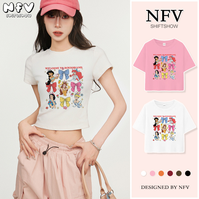 NFV เสื้อยืดเอวลอยผู้หญิง ลายพิมพ์เจ้าหญิงดิสนีย์ baby tee คอกลม แฟชั่นเกาหลี เซ็กซี่ ใส่แล้วดูผอม แมตช์ง่าย YG2122
