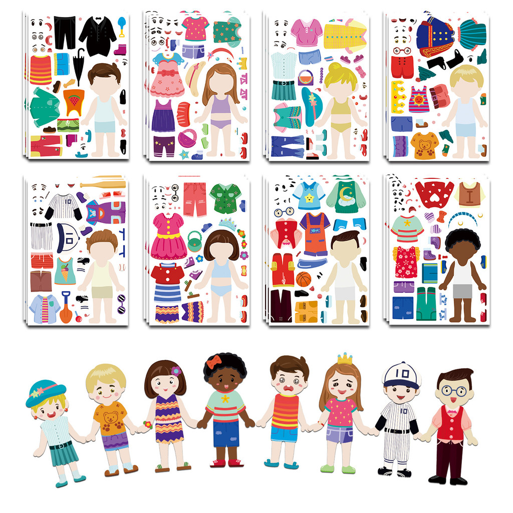 8ชิ้นคลาสสิกเด็กแต่งตัวเกมปริศนาสติกเกอร์สนุก ทําเอง ตกแต่งหนังสือตู้เย็นเคสโทรศัพท์สติกเกอร์