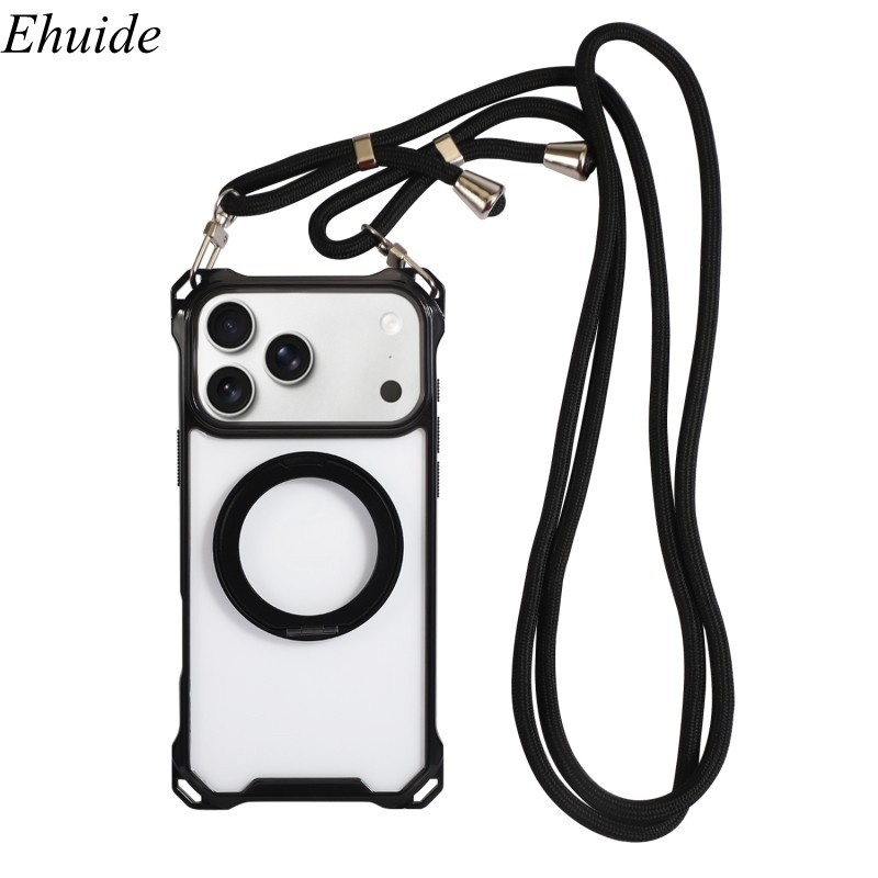 360 ผู้ถือยืนหมุนแม่เหล็กสําหรับ iPhone 17 Pro Max 16 15 14 13 11 12 Plus Air Crossbody Lanyard สายคล้องฝาครอบใส