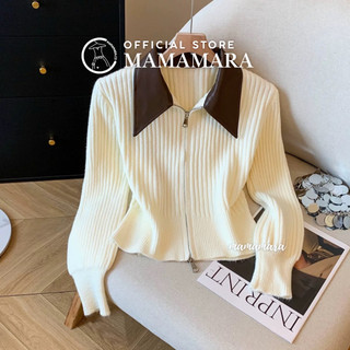 MAMAMARA - Cardigan Rajut Wol Zipper Leather Elegant Knit Jaket