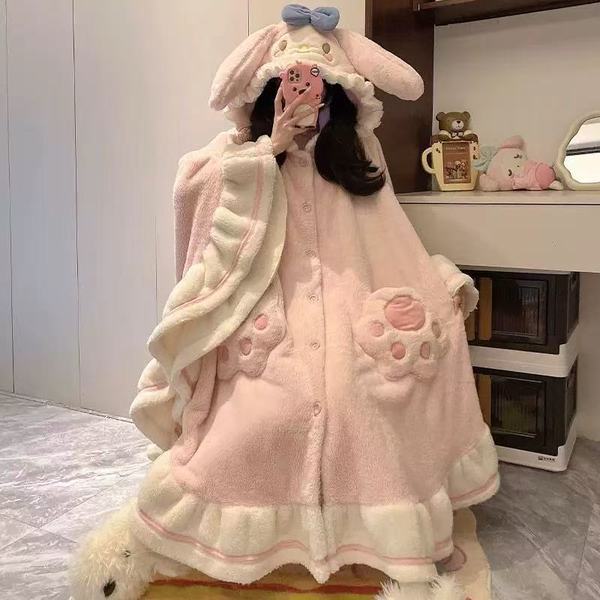ชุดเดินทางชุดนอน ชุดนอนมิโกะ bonnie pajamas ชุดนอนผู้หญิงสไตล์แฟรี่ แขนยาว ทำจากขนแกะปะการัง หนาพอดี