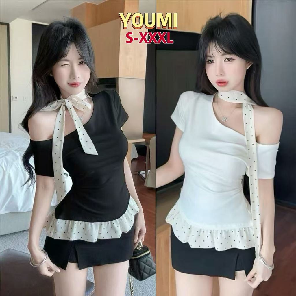 ส่งไวจากไทย S-XXXL เสื้อยืดผู้หญิง เสื้อเบี่ยงไหล่ดีไซน์ผ้าพันคอ ลุคหวานเซ็กซี่  2สี YOUMI