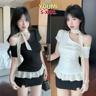 ส่งไวจากไทย S-XXXL เสื้อยืดผู้หญิง เสื้อเบี่ยงไหล่ดีไซน์ผ้าพันคอ ลุคหวานเซ็กซี่ 2สี YOUMI