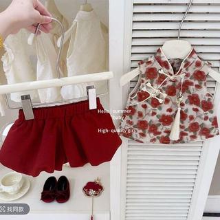 พร้อมส่งจากไทยค่ะ ชุดจีนเด็ก ชุดเซ็ตเด็กผู้หญิง เสื้อลายดอกไม้สีแดง + กางเกงด้านในมีซับ GM178